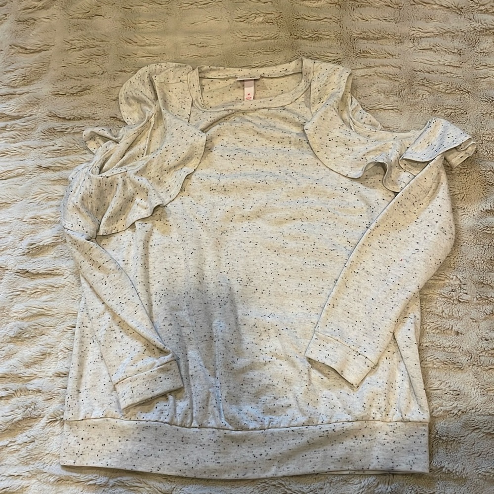 Gray speckled off the shoulder ruffle tunic